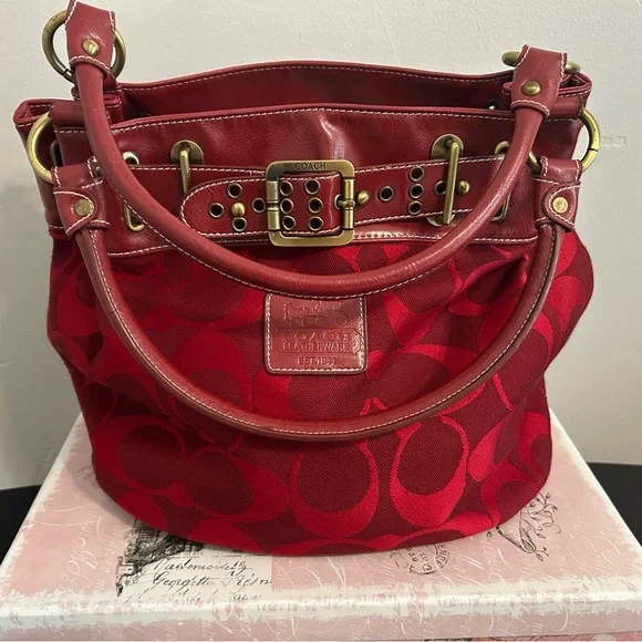 Coach Red Signature Tote with Buckle-Trim Handles - Picture 2 of 10